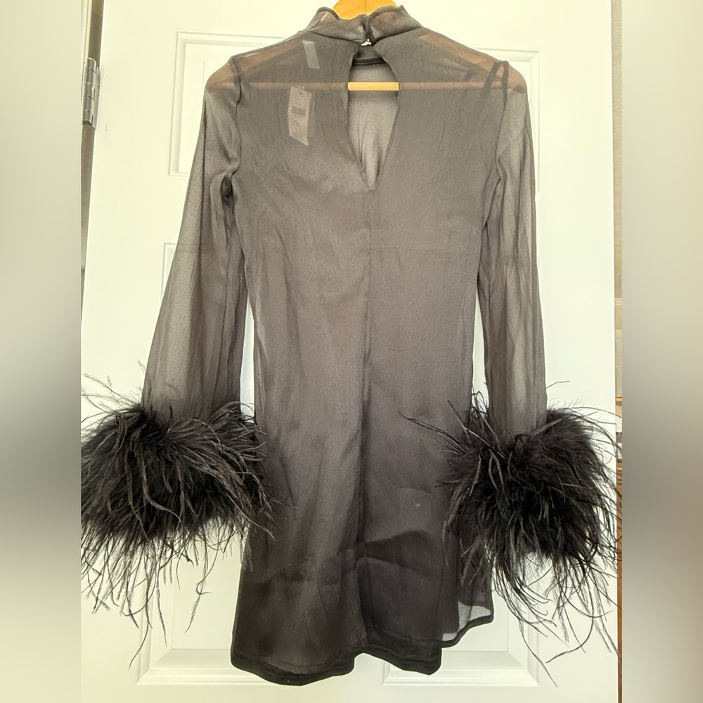 Anthropologie Hutch Long-Sleeve Turtleneck Faux-Feather Trim Sheer Mini Dress XS - Picture 12 of 12